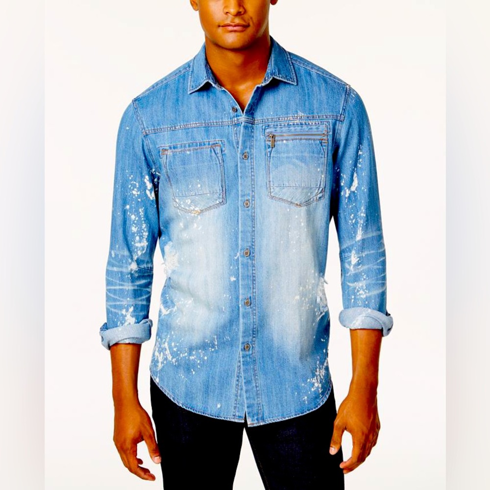Sean John Men’s Distressed Button Up Bleached Blue Denim Shirt/Jacket 2XL
